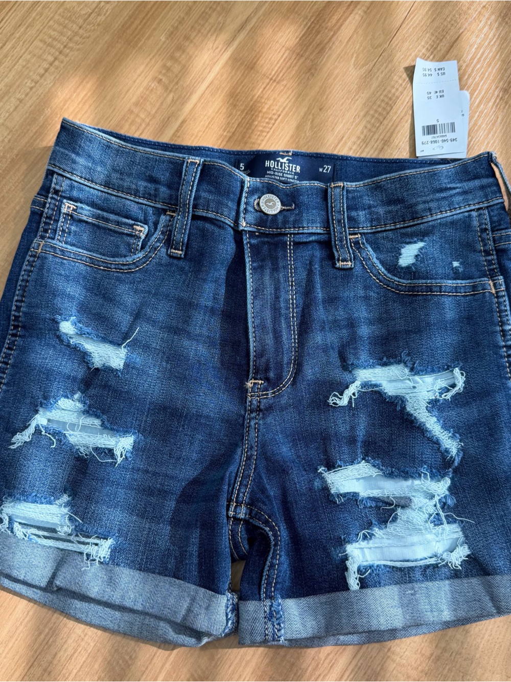 Hollister Ripped Mid-Dark Wash Denim Shorts - Blue